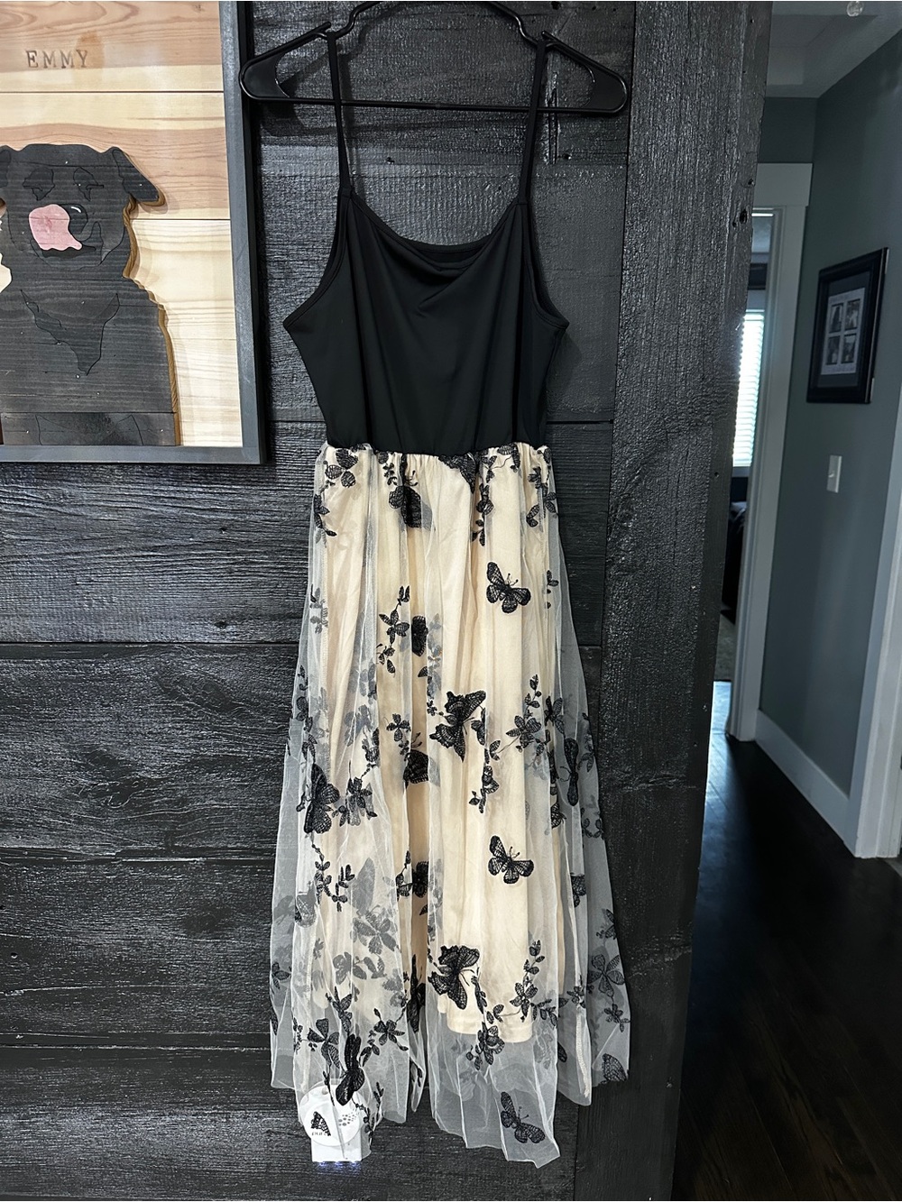 Black Bodice Cream Tulle Skirt Dress with Black Floral Embroidery
